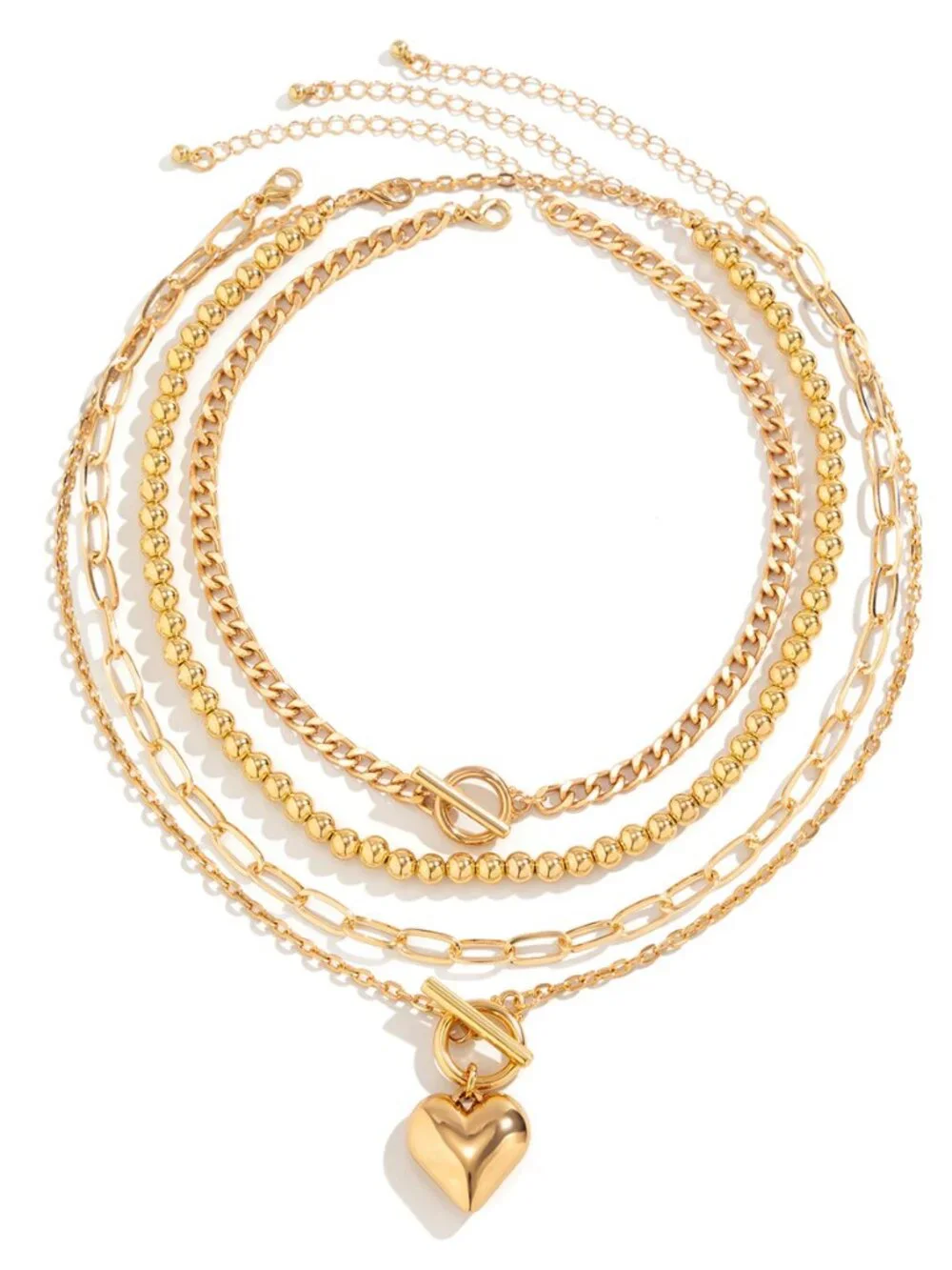 4 Layer Stackable Gold Tone Necklace Round Ball Paperclip Chain Toggle Heart Cha